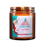 brown amber jar candle with cartoon style santa. text is "Santa's North Pole Glory Hole and Toy Shop"