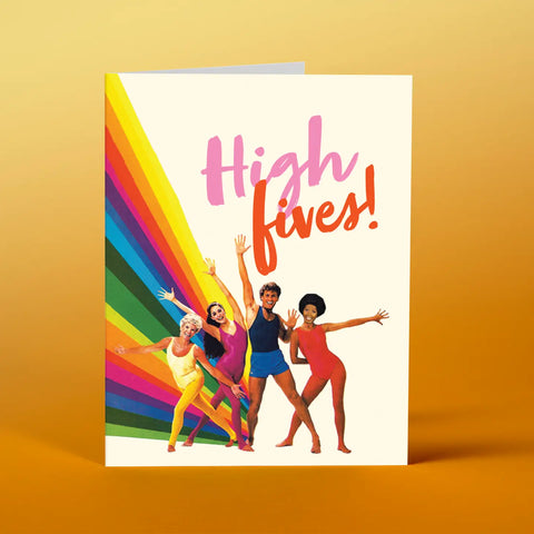 Retro 80's and 90's style bright colors, greeting card featuring the phrase, "High fives" Bright, gay, colorful. rainbow.