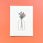 FLOWER VASE LETTERPRESS GREETING CARD. A rose and various flowers in a vase. White background. Simple.